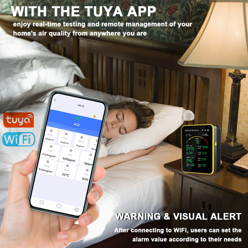 Détecteur de qualité de l'air Tuya WiFi 15 en 1 Portable AQI PM0.3 PM1.0 PM2.5 PM10 CO CO2 TVOC HCHO Testeur Écran TFT Testeur de température et d'humidité multifonctionnel Horloge polyvalente