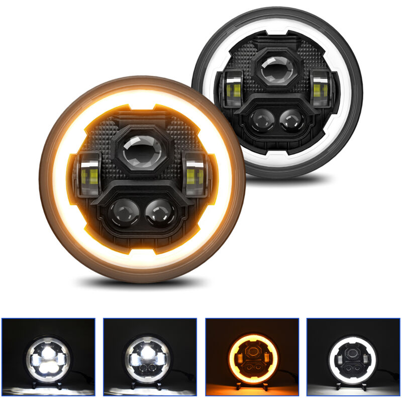 Phare LED rond de 7 pouces avec faisceau haut/bas, DRL et clignotant ambre pour voitures et motos, étanche IP67, lot de 2