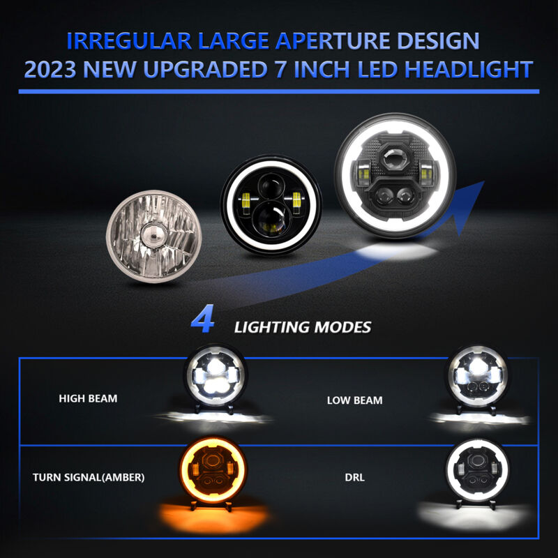 Phare LED rond de 7 pouces avec faisceau haut/bas, DRL et clignotant ambre pour voitures et motos, étanche IP67, lot de 2