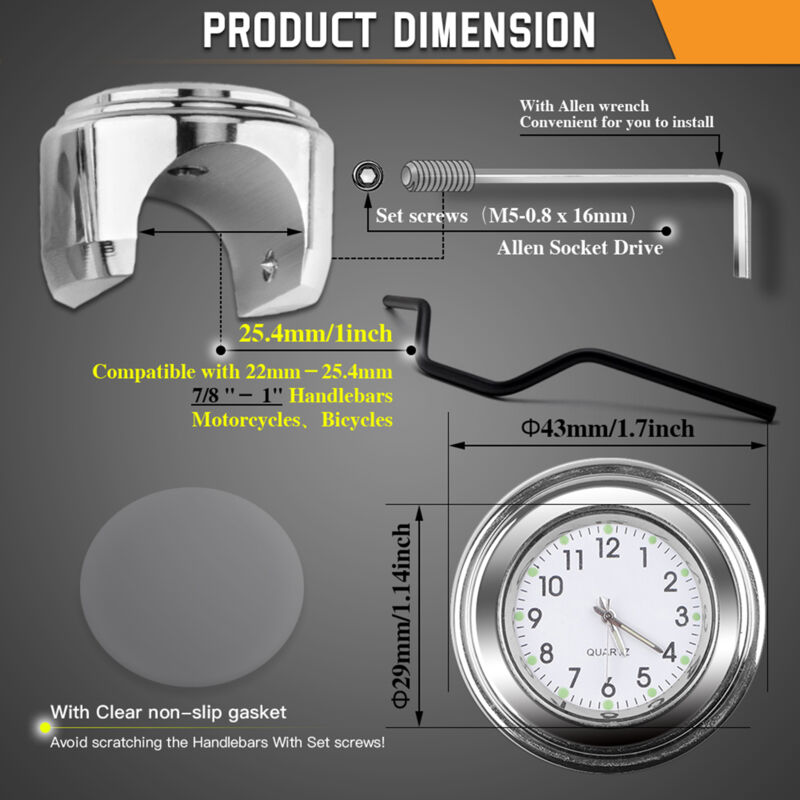 Horloge universelle pour guidon de moto, thermomètre de vélo, remplacement étanche pour motos, vélos, guidons de 22 mm à 25,4 mm, 7/8''- 1'', coque argentée, cadran noir, horloge + thermomètre