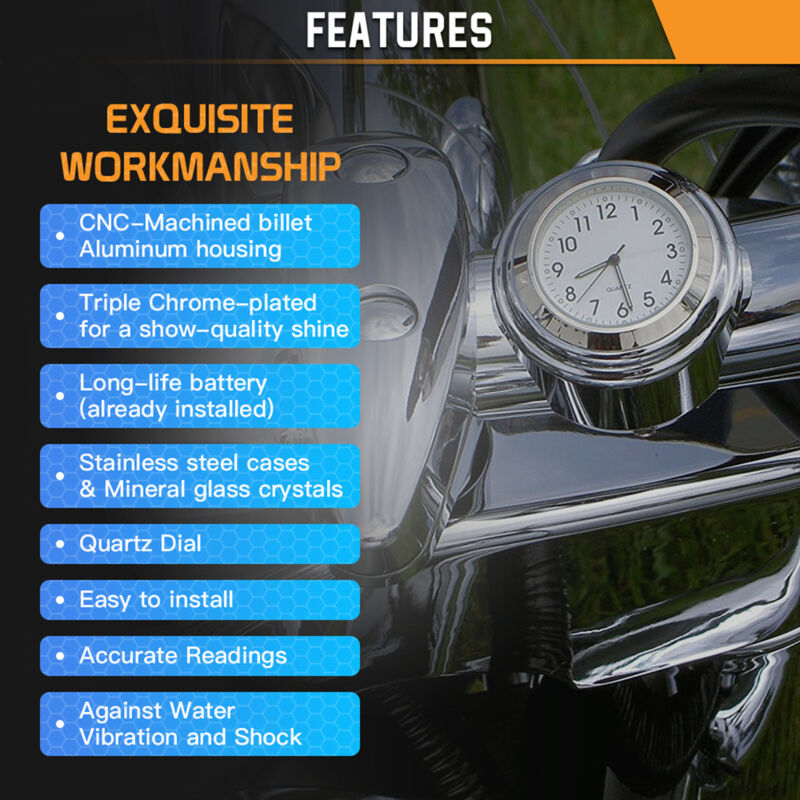 Horloge universelle pour guidon de moto, thermomètre de vélo, remplacement étanche pour motos, vélos, guidons de 22 mm à 25,4 mm, 7/8''- 1'', coque argentée, cadran noir, horloge + thermomètre
