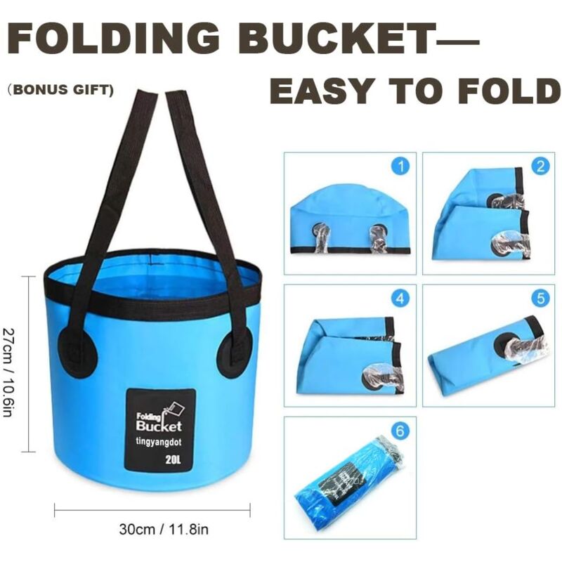 Douche de camping extérieure portative à main, pliable 5 gallons (environ 15,7 litres), pompe de tête de douche compacte à pression avec adaptateur de cigarette de voiture 12V pour le camping, la rand