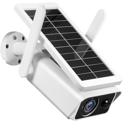 Caméra de sécurité solaire extérieure 1080P 2MP 2.4G WiFi caméra de surveillance à domicile avec détection de mouvement PIR, vision nocturne, audio bidirectionnel, étanche IP66 (sans batterie), blanc