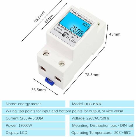 Wattmètre sur Rail DIN, Compteur d'énergie à Affichage LCD Compact Précis  230VAC pour Installation Facile pour la Maison