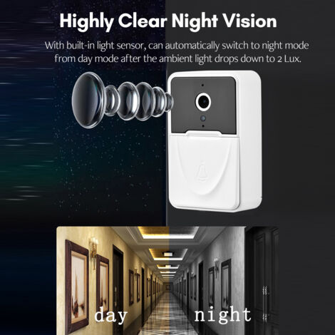 Sonnette vidéo sans fil WiFi 2,4 G, sonnette de sécurité visuelle intelligente avec détection de mouvement, vision nocturne, audio bidirectionnel, surveillance en temps réel