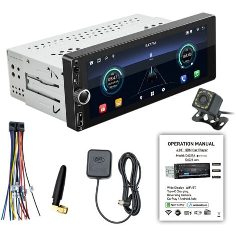 Autoradio Android 13, navigation  simple DIN avec écran tactile de 6,86 pouces, prise en charge de Carplay Android Auto, connexion WiFi/BT, radio RDS, lien téléphonique miroir, image inversée, com
