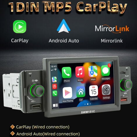 Autoradio 5 pouces MP5 Lecteur radio FM simple DIN BT avec Carplay Android Auto Prise en charge des appels mains libres Charge/lecture USB Liaison téléphonique Assistance à la marche arrière Commande