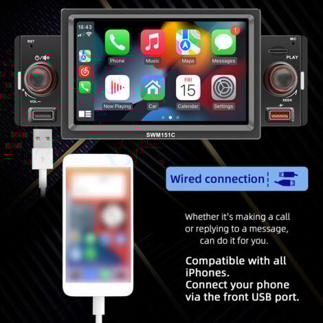 Autoradio 5 pouces MP5 Lecteur radio FM simple DIN BT avec Carplay Android Auto Prise en charge des appels mains libres Charge/lecture USB Liaison téléphonique Assistance à la marche arrière Commande