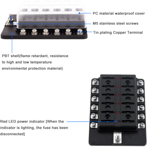 Boîte à fusibles à lame 12 voies, blocs de fusibles avec indicateur LED rouge, 10 fusibles, 10 bornes pour voiture, bateau, caravane, camion 12 V 24 V