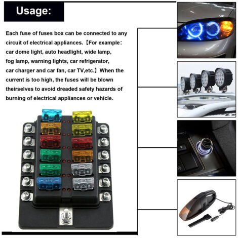 Boîte à fusibles à lame 12 voies, blocs de fusibles avec indicateur LED rouge, 10 fusibles, 10 bornes pour voiture, bateau, caravane, camion 12 V 24 V