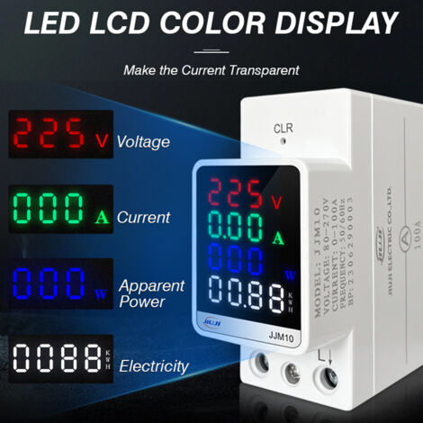 Compteur de courant et de tension alternatif à affichage couleur numérique 35 mm Montage sur rail de guidage Compteur multifonction Appareil de mesure d'électricité avec fonction de mise à zéro d'éne