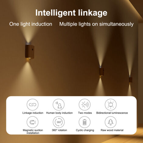 Applique murale d'intérieur à détecteur de mouvement, double tête LED rechargeable, veilleuse, éclairage de couloir, installation magnétique, chargement de type C