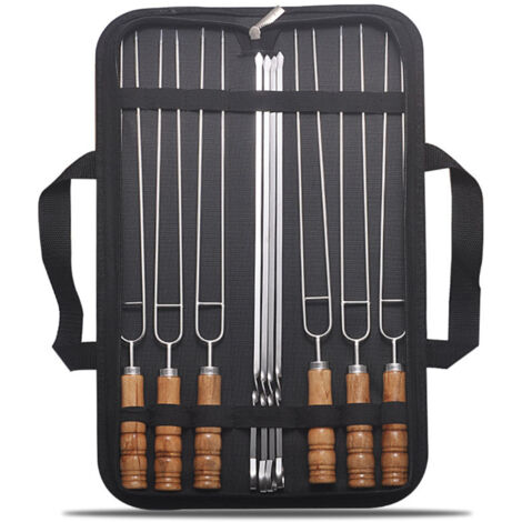Set De 10 Brochettes Plates En Inox + Grande Brosse Silicone Pour Barbecue - Réutilisable, Manche Bois, 40cm - 9