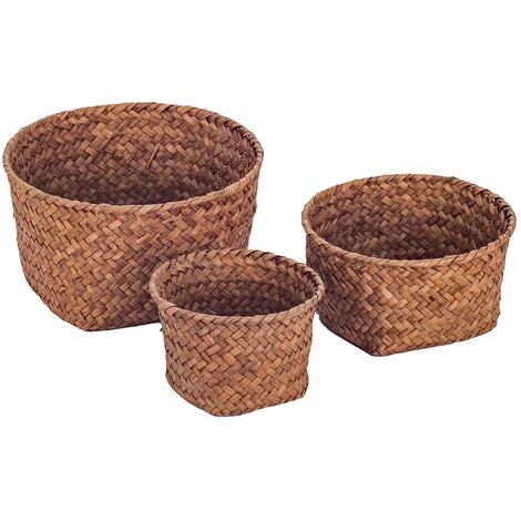 Set di 3 cestini in vimini, con fodera in panno lavabile, colore marrone, fatti a mano, per bagno, cucina, cesti in vimini naturale, rustici