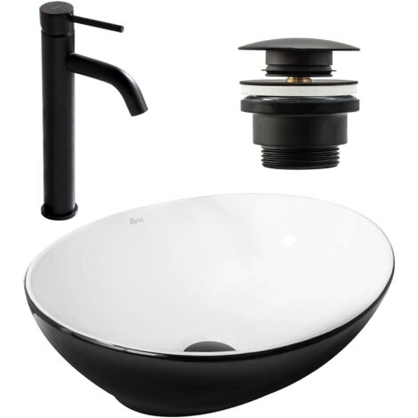 SET COUNTERTOP WASHBASIN REA SOFIA BLACK WHITE + BATHROOM FAUCET LUNGO BLACK MATT + PLUG UNIVERSAL BLACK MATT