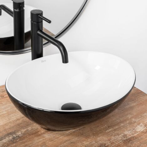 SET COUNTERTOP WASHBASIN REA SOFIA BLACK WHITE + BATHROOM FAUCET LUNGO BLACK MATT + PLUG UNIVERSAL BLACK MATT