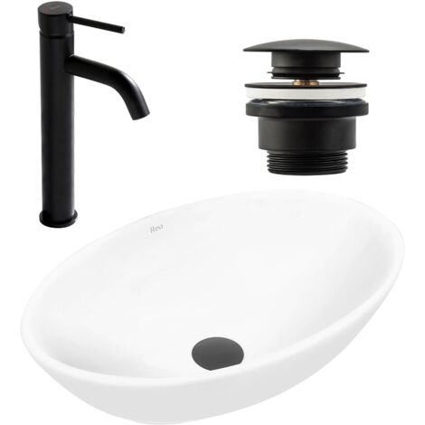SET COUNTERTOP WASHBASIN REA PAMELA WHITE + BATHROOM FAUCET LUNGO BLACK MATT + PLUG UNIVERSAL BLACK MATT (1/5)