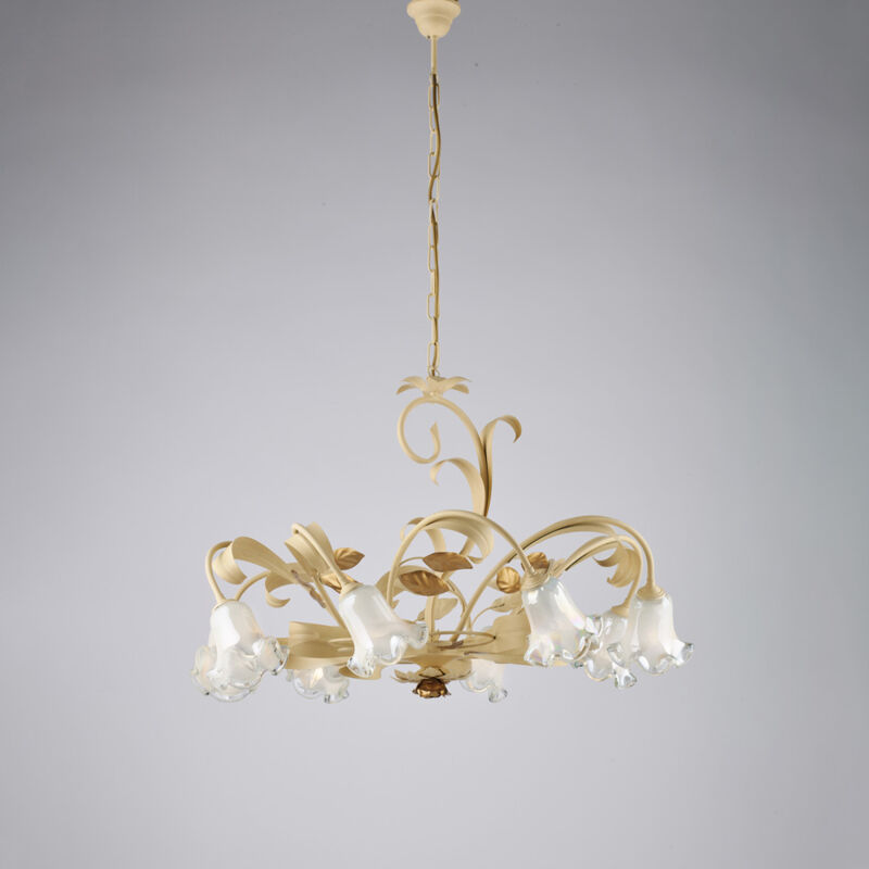 Lampadario Lucrezia A Sospensione Con 2 Paralumi Vetro - Stile Biliardo, Avorio E Oro, 85x110 Cm