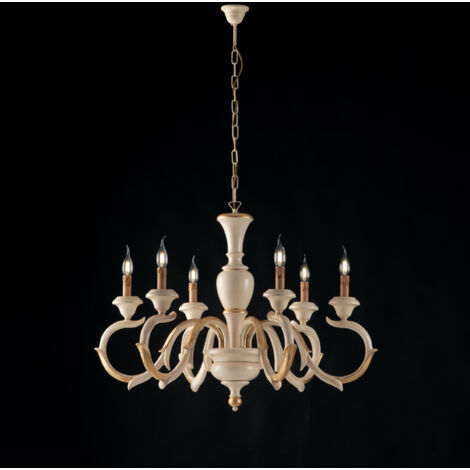 Lampadario in legno avorio e foglia oro 6 luci Fiorenza (1/2)
