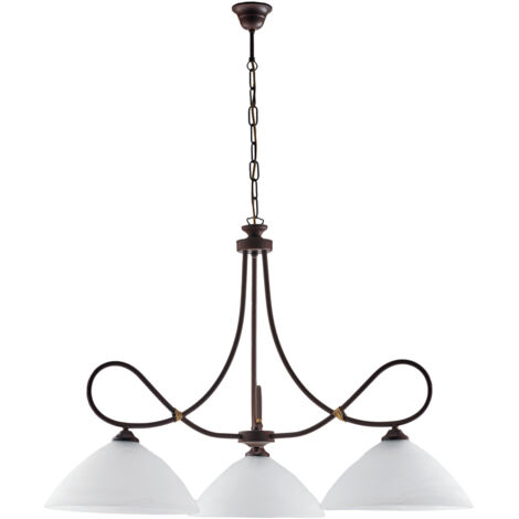 Lampadario in ferro laccato nero con decorazione effetto ruggine e rifiniture oro antico con diffusori in vetro diametro 13 alabastro bianchi 3 luci (1/3)