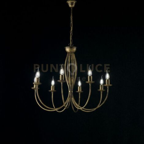Lampadario Rustico Botte 8 Luci In Ferro Battuto Marrone E Oro
