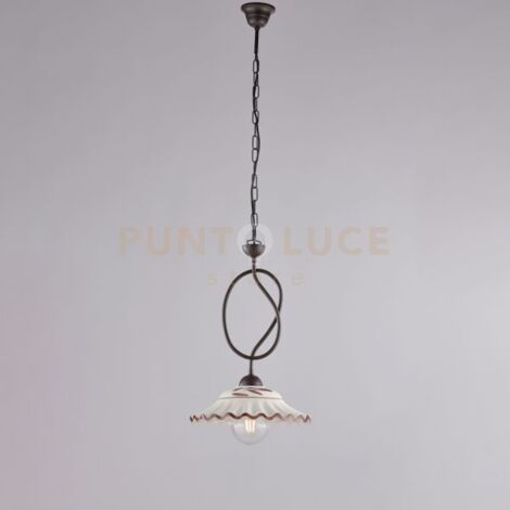 Lampadario in ferro laccato nero e decorazione effetto ruggine con diffusore in ceramica diametro 30 bianco e marrone 1 luce