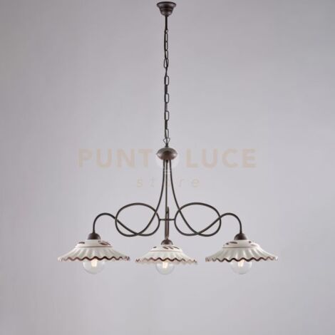 Lampadario in ferro laccato nero e decorazione effetto ruggine con diffusori in ceramica diametro 30 decorato a mano bianco e marrone 3 luci