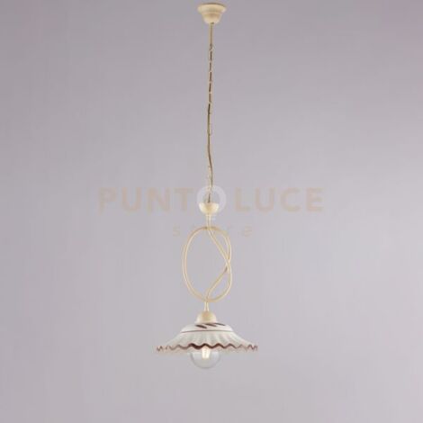 Lampadario in ferro laccato avorio e decorazione effetto decapè con diffusore in ceramica diametro 30 bianco e marrone 1 luce