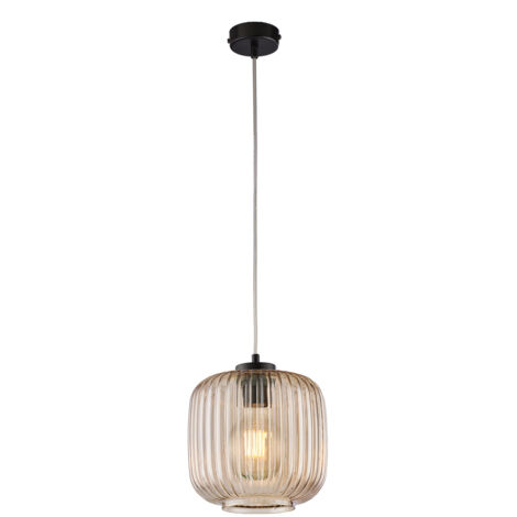Sospensione in ferro laccato nero con cavo elettrico regolabile e diffusore in vetro soffiato ambra con decoro rigatura in rilievo 1 luce (1/3)