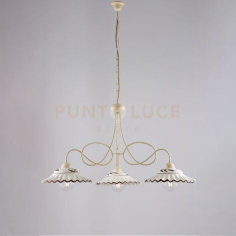Lampadario in ferro laccato avorio e decorazione effetto decapè con diffusori in ceramica diametro 30 bianco e marrone 3 luci