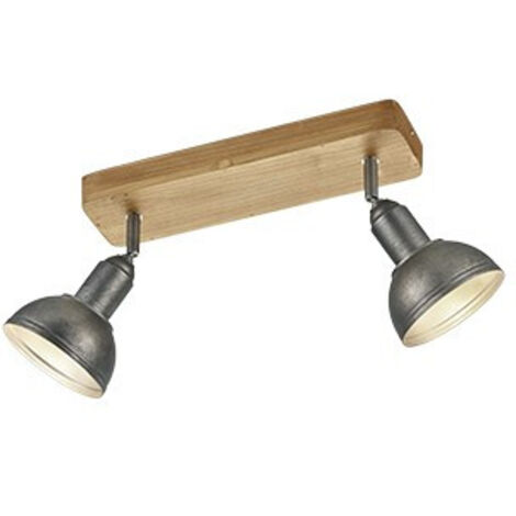 DELHI BARRA 2 SPOTS ATTACCO E14 CUPOLA METALLO ACCIAIO ANTICO E LEGNO L. 33CM (1/3)