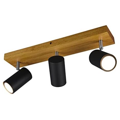 MARLEY BARRA 3 SPOTS CILINDRI NERI BASE LEGNO NATURALE L. 44CM 3 LUCI ATTACCO GU10 (1/4)