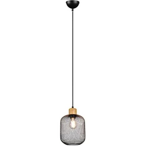 CALIMERO SOSPENSIONE RETE METALLO NERO CON PARTICOLARE IN LEGNO NATURALE D. 18CM 1 LUCE ATTACCO E27 (1/4)