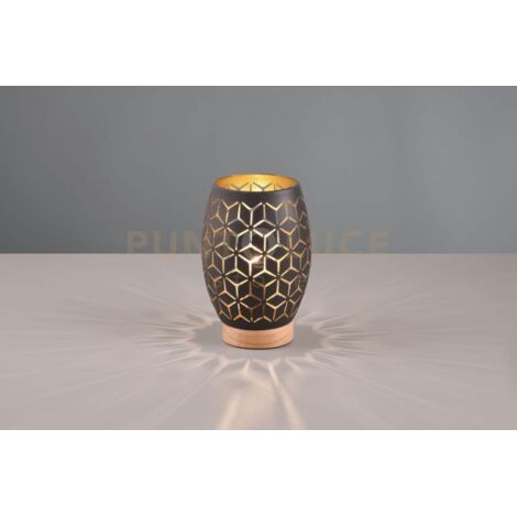 BIDAR LAMPADA DA TAVOLO METALLO NERO E ORO TAGLIO LASER CON INSERTO IN LEGNO H. 21,5CM 1 LUCE ATTACCO E27