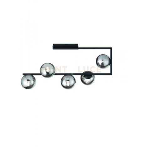 PLAFONIERA MONILE NERO 5 LUCI ATTACCO E14 CON SFERE FUME'  L.85CM