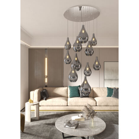 Lampadario Contemporaneo Drop 2.0 Metallo Cromo Vetro Fumè 12 Luci E27