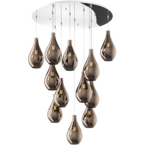 Lampadario Contemporaneo Drop 2.0 Metallo Cromo Vetro Bronzo 12 Luci E27