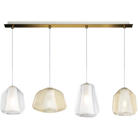 Lampadario Contemporaneo Double Skin Metallo Ottone Vetro Trasp-Ambra 4 Luci E27