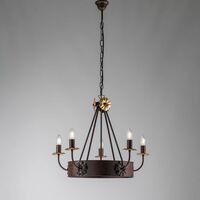 Lampadario in ferro laccato nero con decorazione ruggine e rifiniture oro  chiaro 5 luci Nero Ruggine