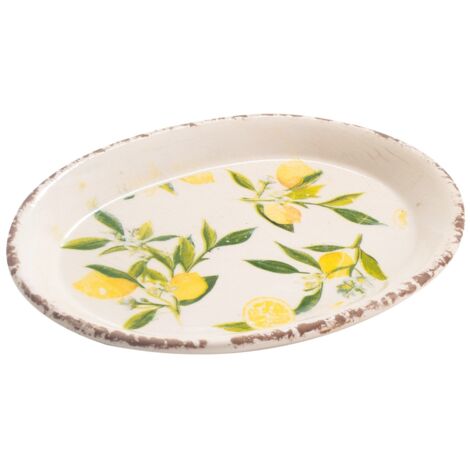 Plat à tarte en barbotine. Décor citron. Fond beige. - Label Emmaüs