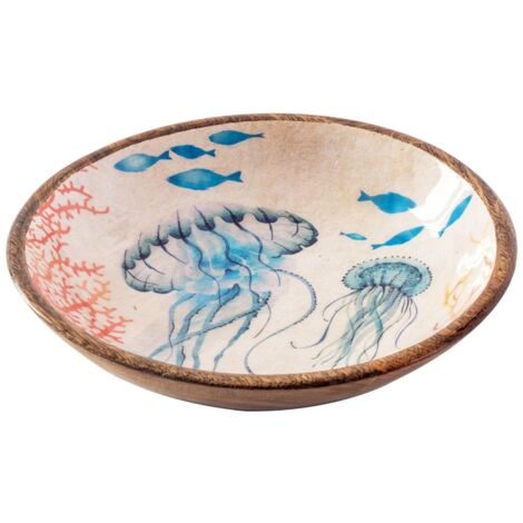 Bol méduse gravé décoratif en bois bleu marine pour cuisine et salle à manger
