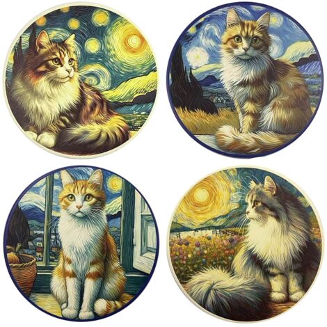 Dessous de Plat Chat Multicolore 4 Unités, Tapis de Table Décoratif en Céramique, Cadeau Original et Fonctionnel pour les Amoureux des Chats (1/4)