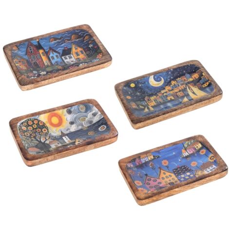 Plateau décoratif en bois de manguier avec motif maison, idéal pour la cuisine et le salon, lot de 4 (1/4)