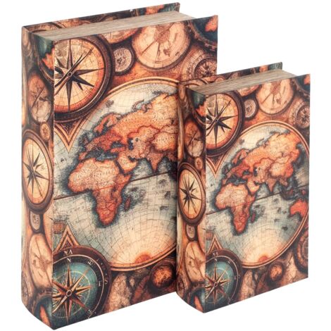 Lot de 2 boîtes de rangement décoratives style carte du monde vintage, idéales pour la maison et le bureau. (1/4)