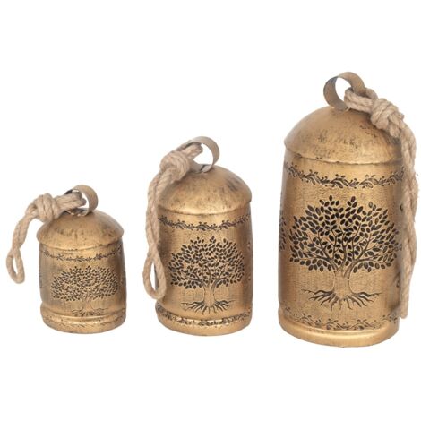 Lot de 3 cloches décoratives en métal à suspendre, design ethnique, décoration murale, idéales pour la maison et le bureau. (1/4)