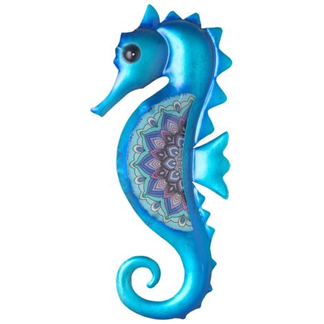 Décoration murale hippocampe en métal bleu avec motif floral - NEUVE (1/5)