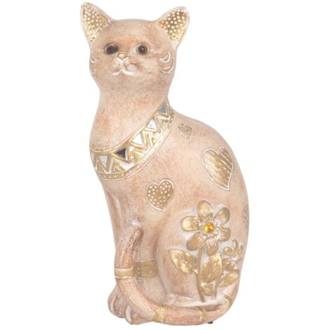 Figurine de chat en résine avec détails dorés et floraux