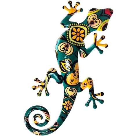Ornement mural décoratif en métal représentant un lézard, vert et jaune.