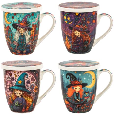 Mug en porcelaine avec filtre métallique, style sorcière, 300 ml