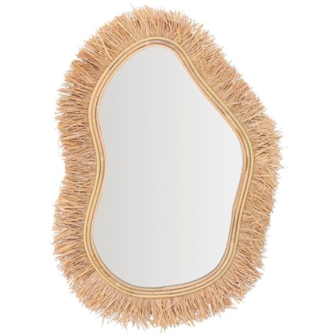 Miroir décoratif en palmier et jonc de mer, au design irrégulier et au style naturel.
